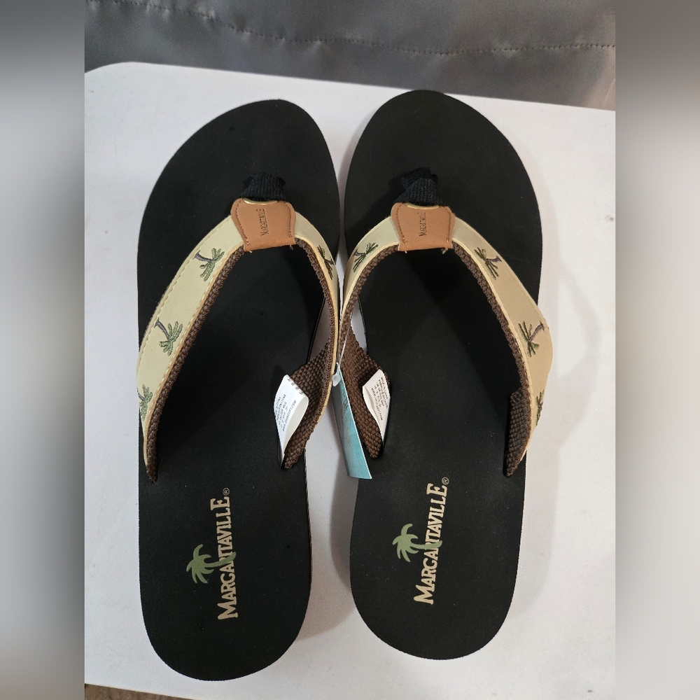 Margaritaville Black and Tan Palm Flip Flops - Picture 2 of 2